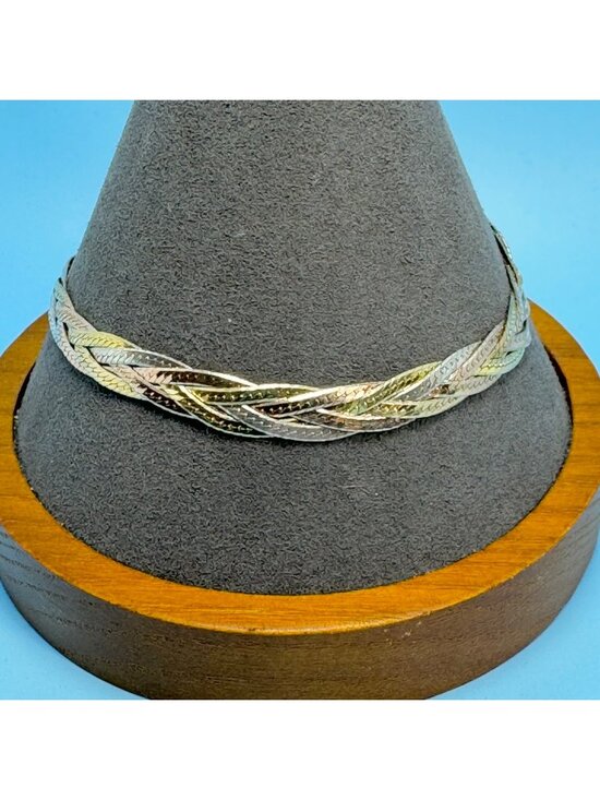 Sterling Silver Jewelry - Tri-Color Braided Herringbone Bracelet Sterling Silver 925 Size 8'' Length